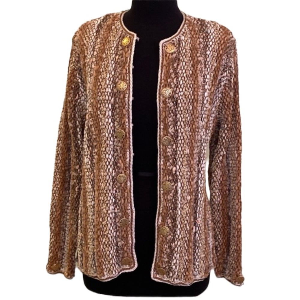 Estelle Bulk Multifabric Knit Jacket Hook Closure Cardigan Gold Beige Accents